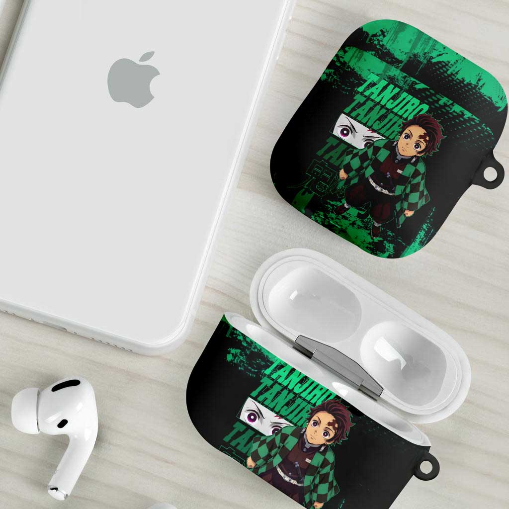 Tanjiro Kamado Demon Slayer Green Grunge Design AirPods Case with Determined Eyes and Classic Checkered Haori - The Mazicc