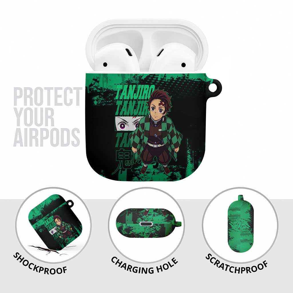 Tanjiro Kamado Demon Slayer Green Grunge Design AirPods Case with Determined Eyes and Classic Checkered Haori - The Mazicc