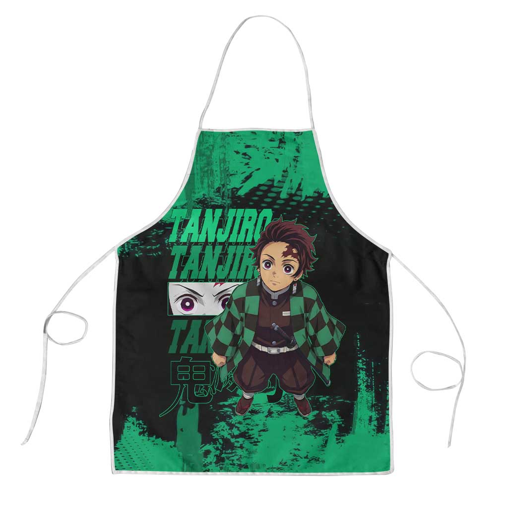 Tanjiro Kamado Demon Slayer Green Grunge Design Apron with Determined Eyes and Classic Checkered Haori - The Mazicc