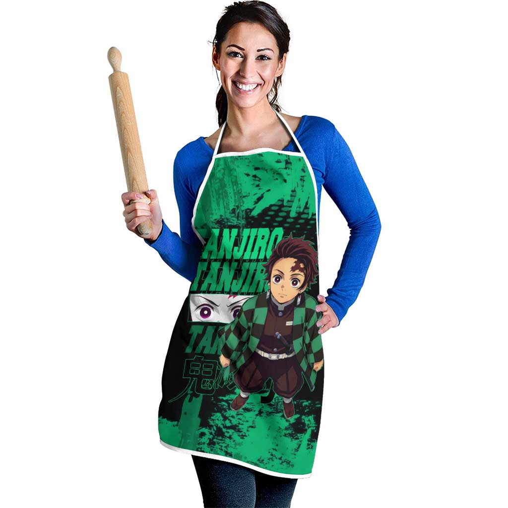 Tanjiro Kamado Demon Slayer Green Grunge Design Apron with Determined Eyes and Classic Checkered Haori - The Mazicc