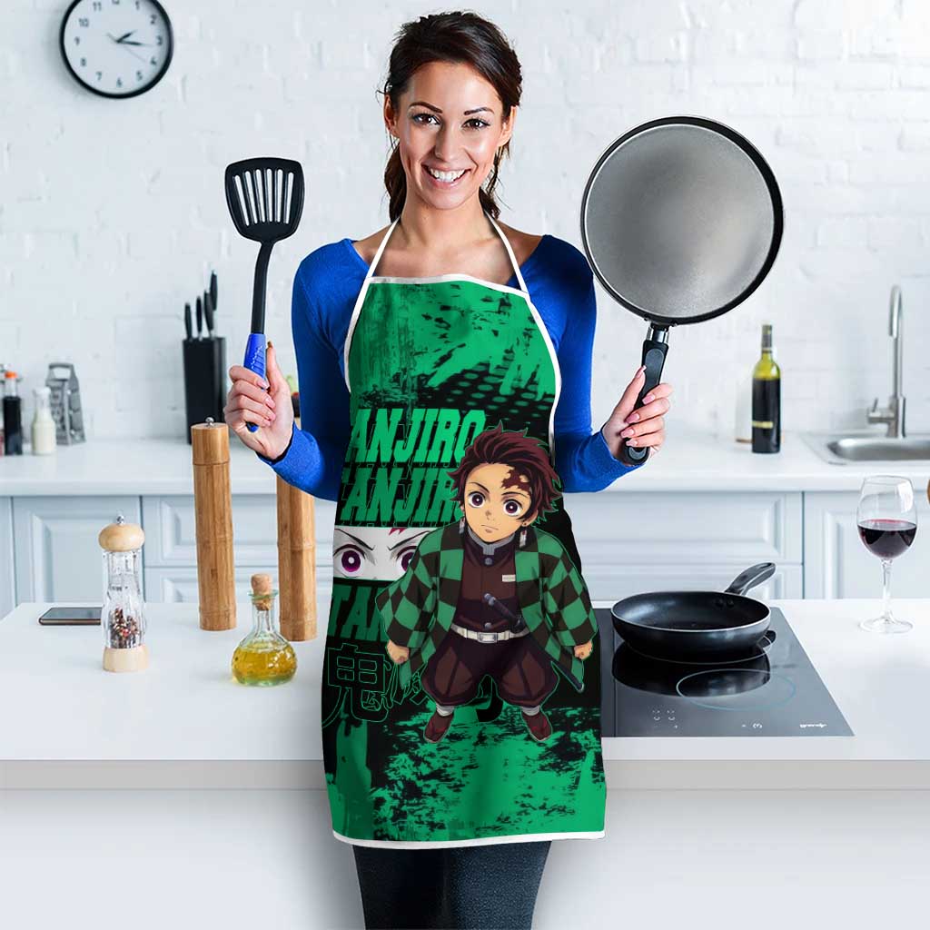 Tanjiro Kamado Demon Slayer Green Grunge Design Apron with Determined Eyes and Classic Checkered Haori - The Mazicc