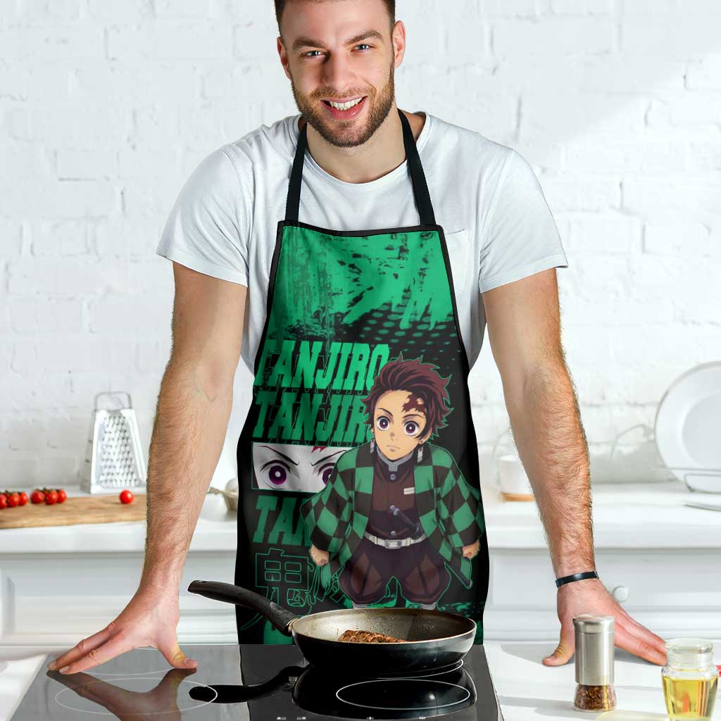 Tanjiro Kamado Demon Slayer Green Grunge Design Apron with Determined Eyes and Classic Checkered Haori - The Mazicc