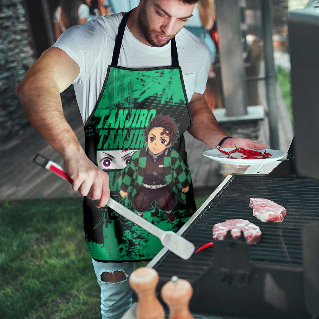 Tanjiro Kamado Demon Slayer Green Grunge Design Apron with Determined Eyes and Classic Checkered Haori - The Mazicc