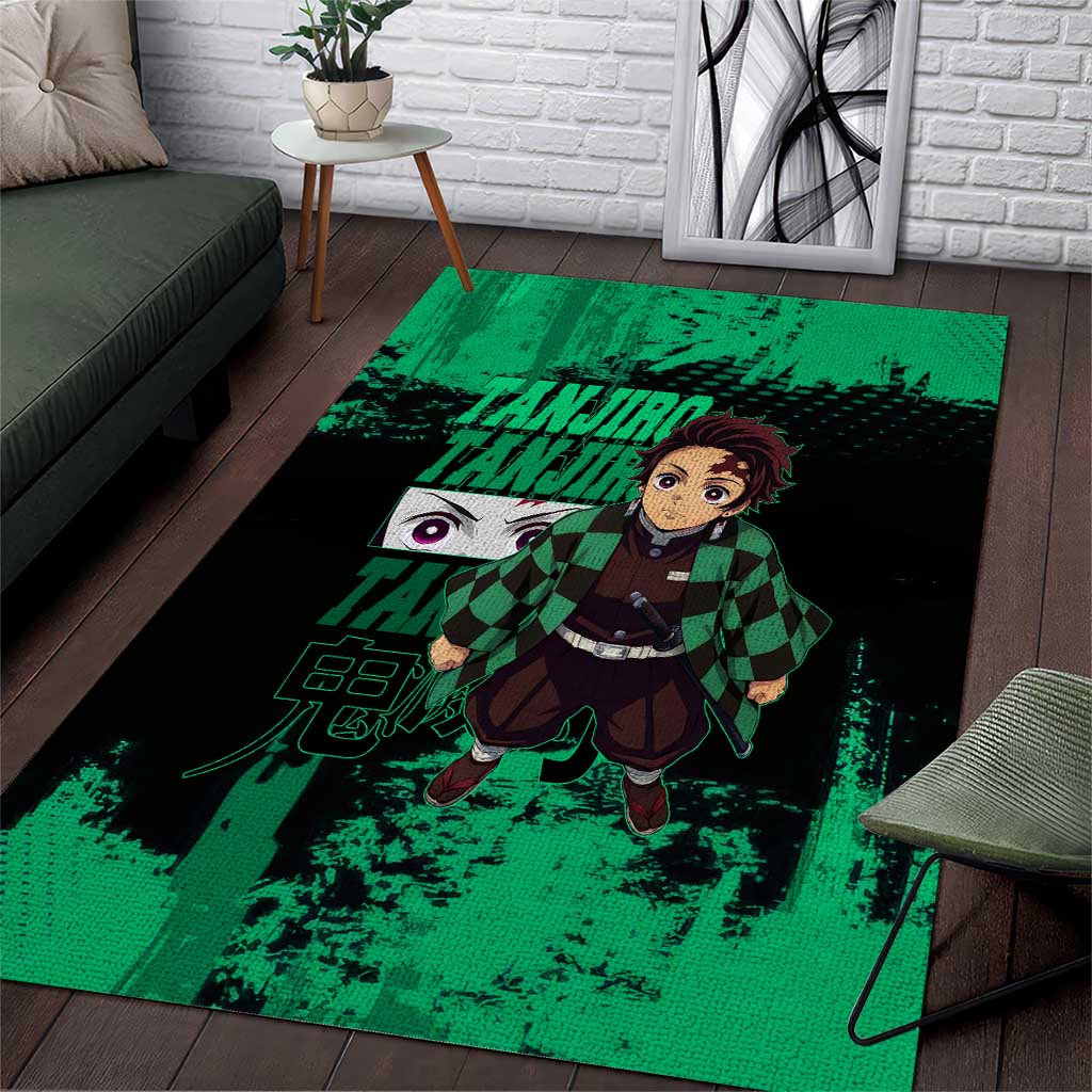 Tanjiro Kamado Demon Slayer Green Grunge Design Area Rug with Determined Eyes and Classic Checkered Haori - The Mazicc