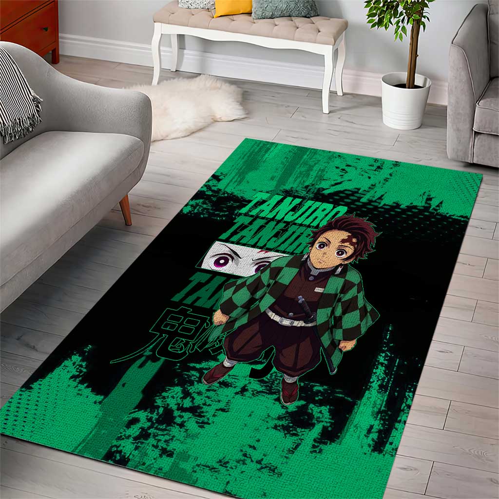Tanjiro Kamado Demon Slayer Green Grunge Design Area Rug with Determined Eyes and Classic Checkered Haori - The Mazicc