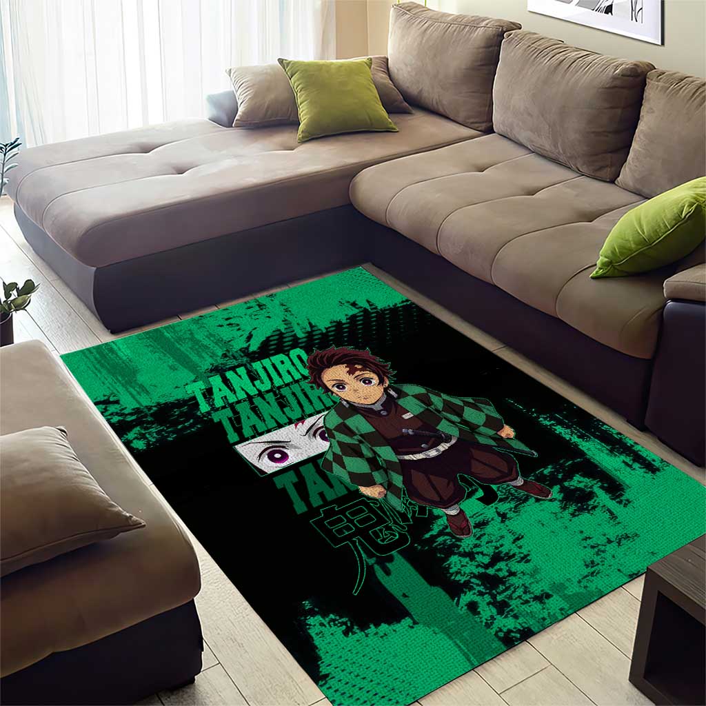 Tanjiro Kamado Demon Slayer Green Grunge Design Area Rug with Determined Eyes and Classic Checkered Haori - The Mazicc
