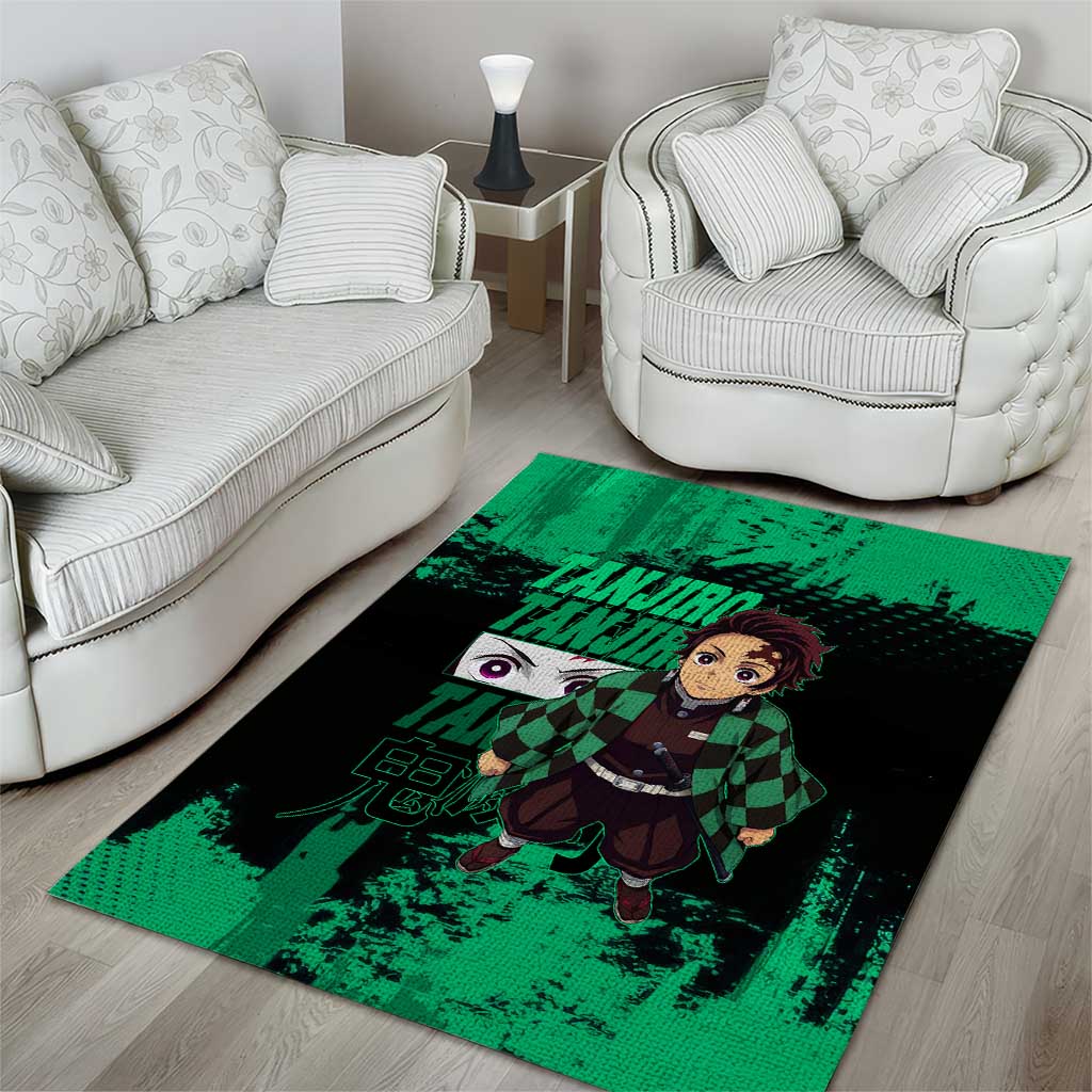 Tanjiro Kamado Demon Slayer Green Grunge Design Area Rug with Determined Eyes and Classic Checkered Haori - The Mazicc