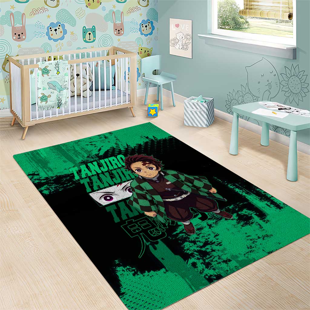 Tanjiro Kamado Demon Slayer Green Grunge Design Area Rug with Determined Eyes and Classic Checkered Haori - The Mazicc