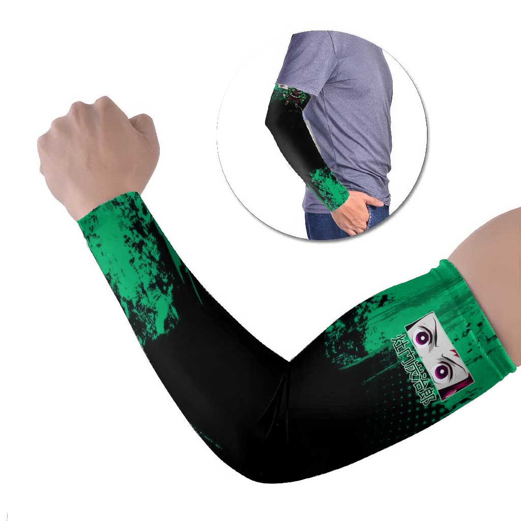 Tanjiro Kamado Demon Slayer Green Grunge Design Arm Sleeves with Determined Eyes and Classic Checkered Haori - The Mazicc