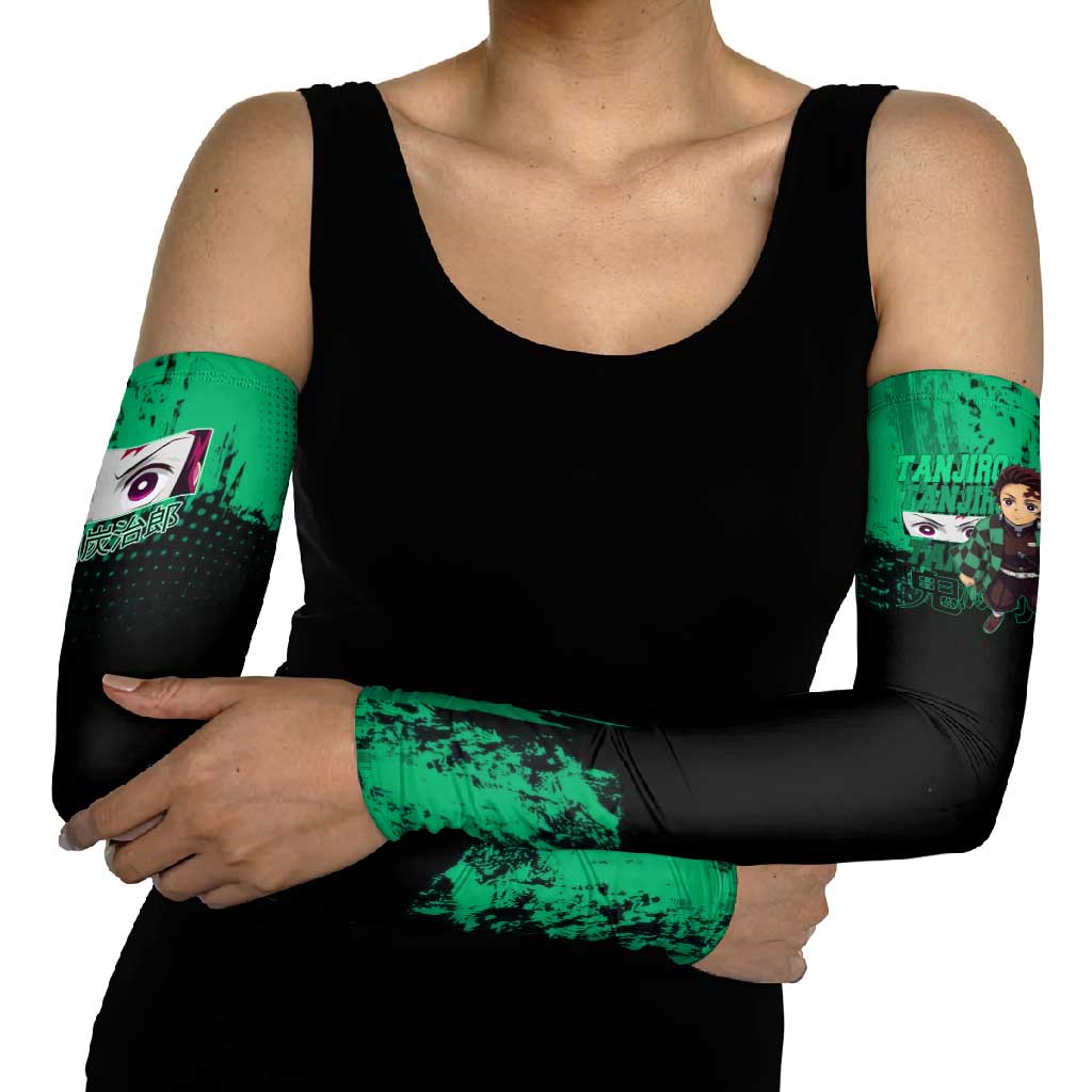 Tanjiro Kamado Demon Slayer Green Grunge Design Arm Sleeves with Determined Eyes and Classic Checkered Haori - The Mazicc