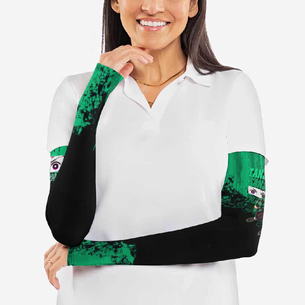 Tanjiro Kamado Demon Slayer Green Grunge Design Arm Sleeves with Determined Eyes and Classic Checkered Haori - The Mazicc