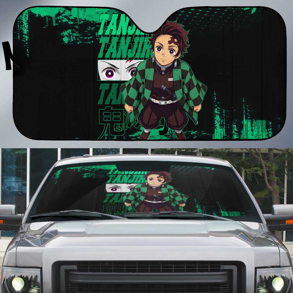 Tanjiro Kamado Demon Slayer Green Grunge Design Auto Sun Shade with Determined Eyes and Classic Checkered Haori - The Mazicc