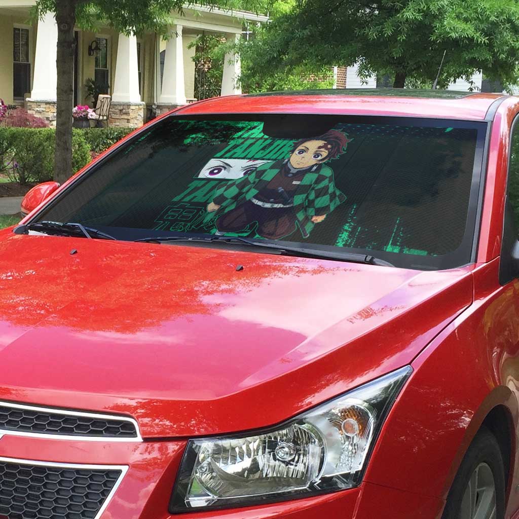 Tanjiro Kamado Demon Slayer Green Grunge Design Auto Sun Shade with Determined Eyes and Classic Checkered Haori - The Mazicc