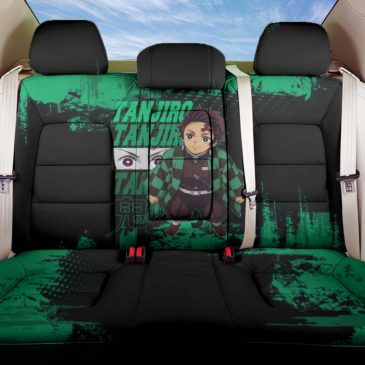 Tanjiro Kamado Demon Slayer Green Grunge Design Back Car Seat Cover with Determined Eyes and Classic Checkered Haori - The Mazicc