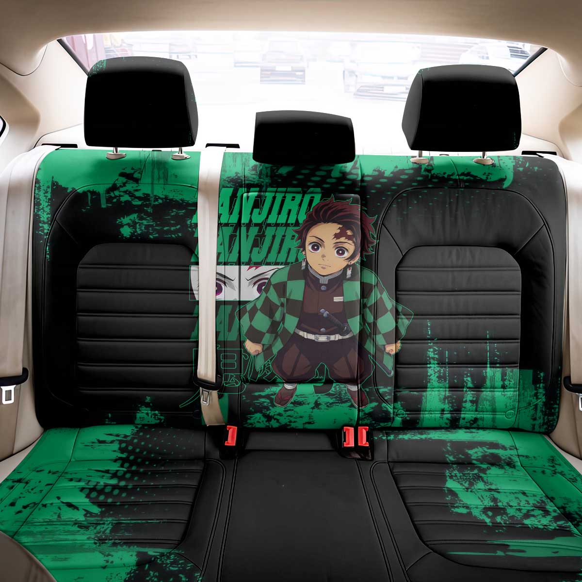 Tanjiro Kamado Demon Slayer Green Grunge Design Back Car Seat Cover with Determined Eyes and Classic Checkered Haori - The Mazicc