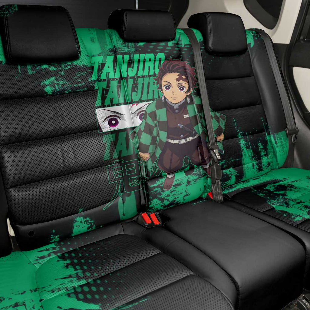 Tanjiro Kamado Demon Slayer Green Grunge Design Back Car Seat Cover with Determined Eyes and Classic Checkered Haori - The Mazicc
