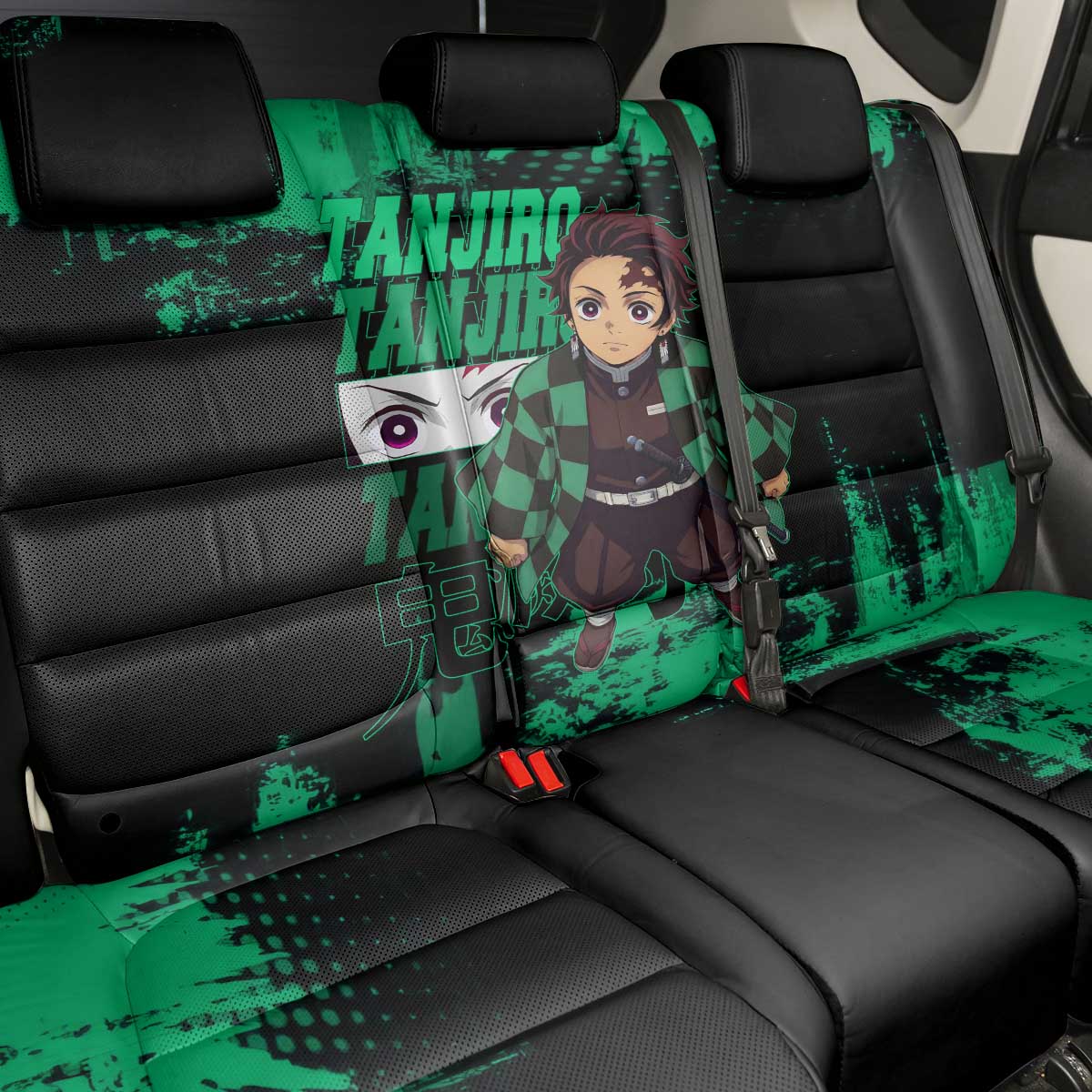 Tanjiro Kamado Demon Slayer Green Grunge Design Back Car Seat Cover with Determined Eyes and Classic Checkered Haori - The Mazicc