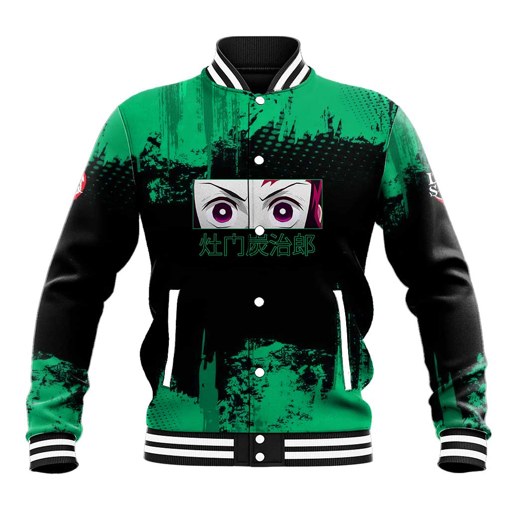 Tanjiro Kamado Demon Slayer Green Grunge Design Baseball Jacket with Determined Eyes and Classic Checkered Haori - The Mazicc
