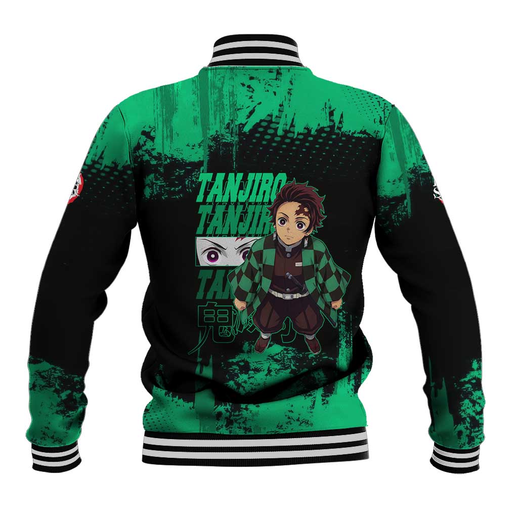 Tanjiro Kamado Demon Slayer Green Grunge Design Baseball Jacket with Determined Eyes and Classic Checkered Haori - The Mazicc
