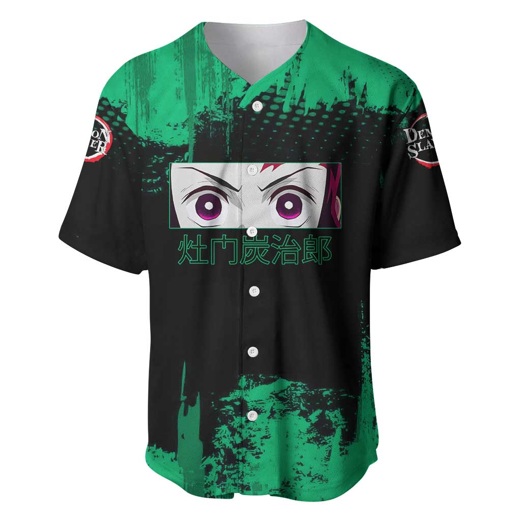 Tanjiro Kamado Demon Slayer Green Grunge Design Baseball Jersey with Determined Eyes and Classic Checkered Haori - The Mazicc