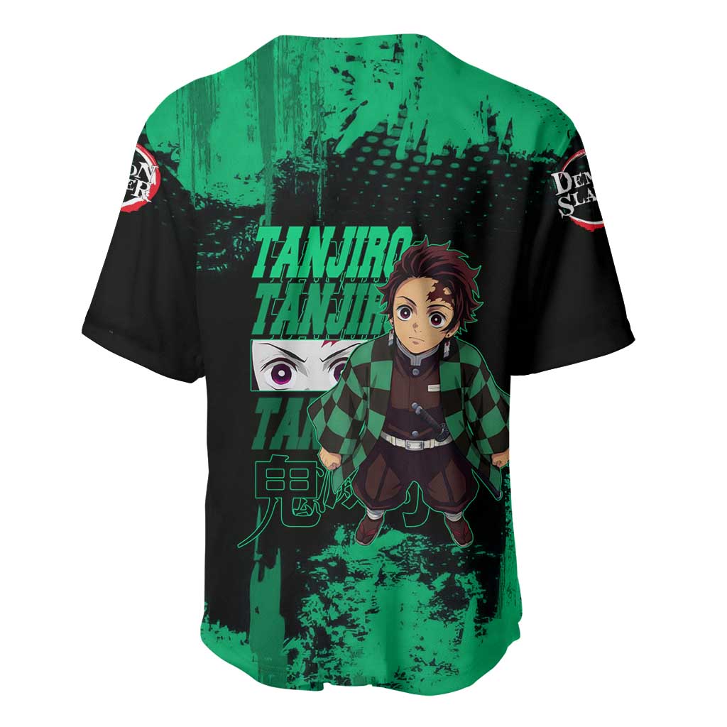 Tanjiro Kamado Demon Slayer Green Grunge Design Baseball Jersey with Determined Eyes and Classic Checkered Haori - The Mazicc