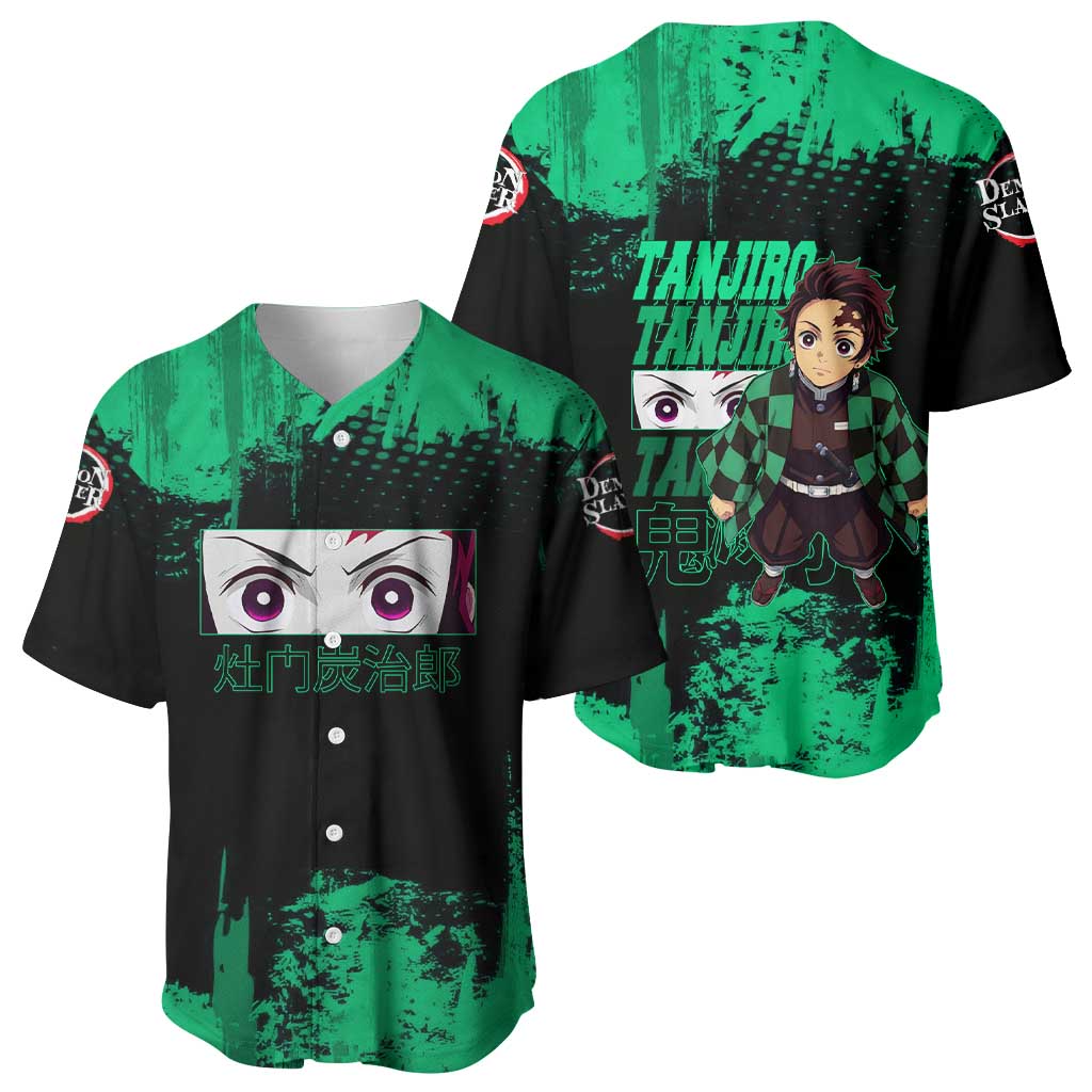 Tanjiro Kamado Demon Slayer Green Grunge Design Baseball Jersey with Determined Eyes and Classic Checkered Haori - The Mazicc