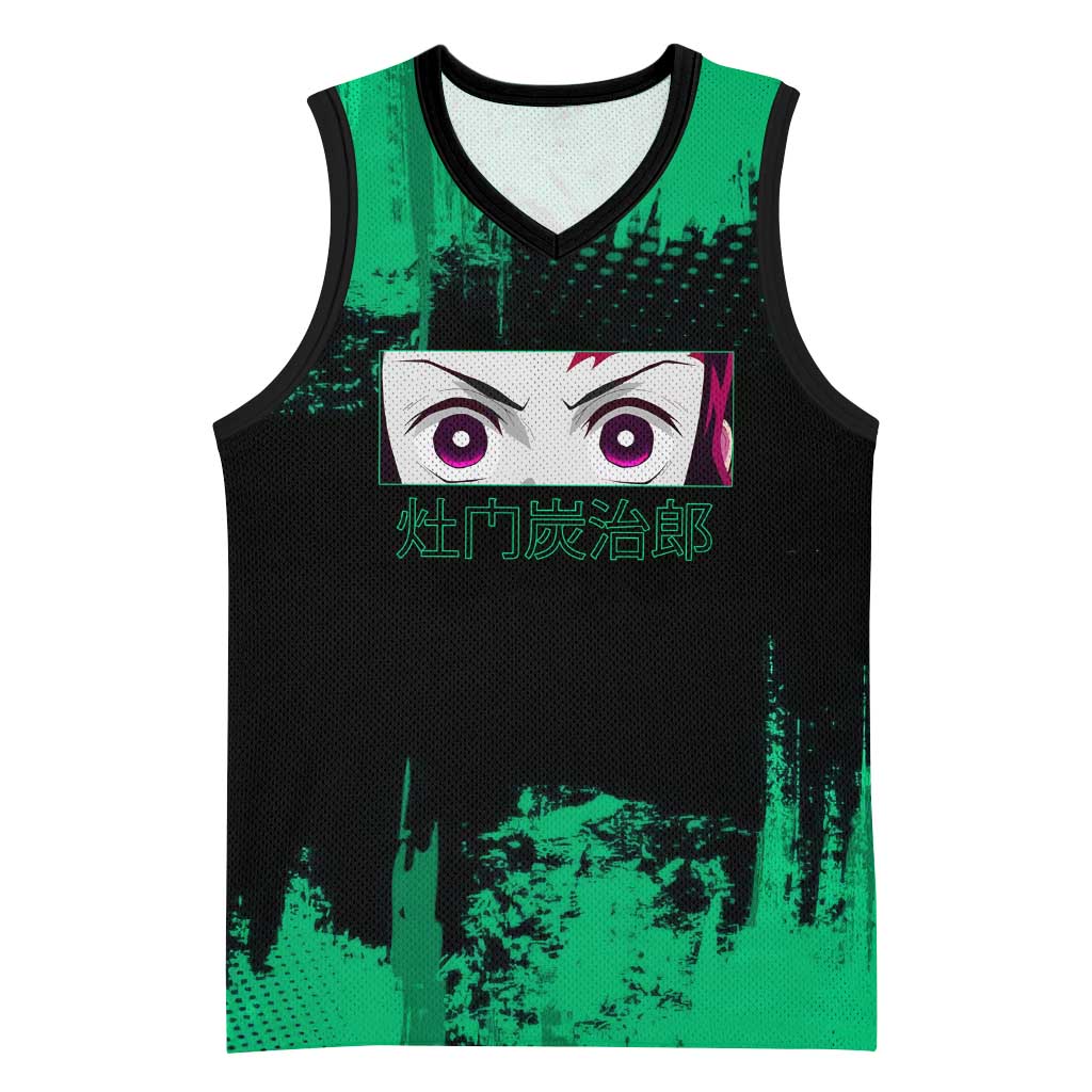 Tanjiro Kamado Demon Slayer Green Grunge Design Basketball Jersey with Determined Eyes and Classic Checkered Haori - The Mazicc