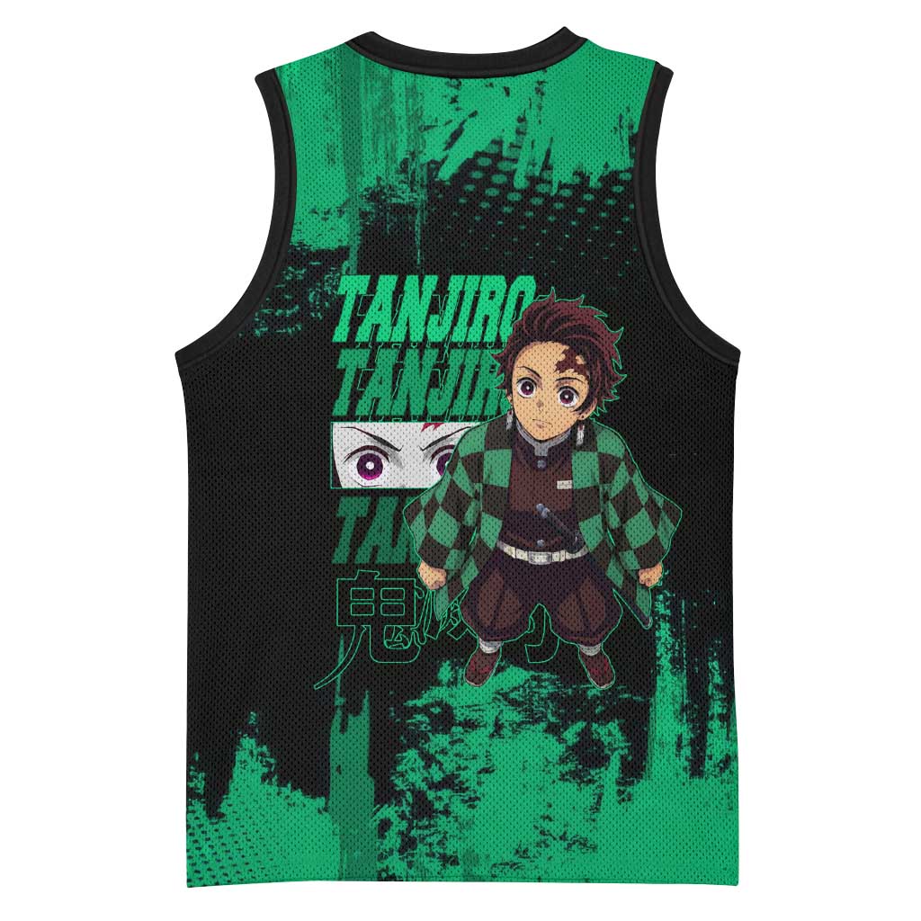 Tanjiro Kamado Demon Slayer Green Grunge Design Basketball Jersey with Determined Eyes and Classic Checkered Haori - The Mazicc