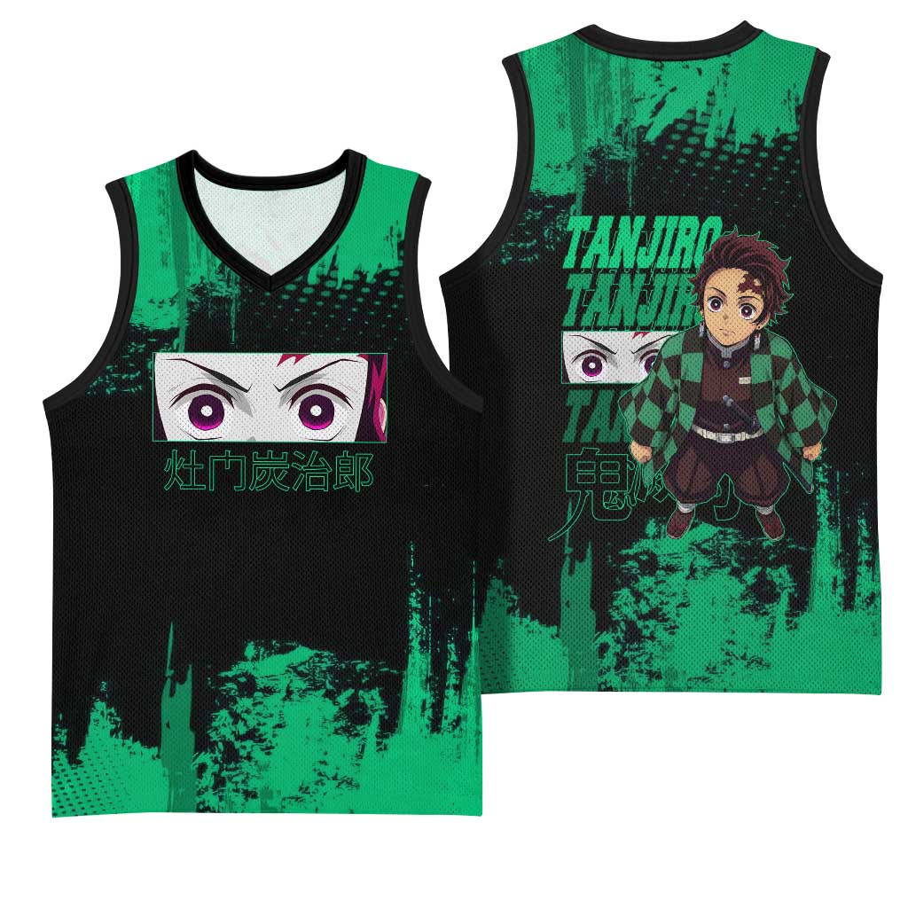 Tanjiro Kamado Demon Slayer Green Grunge Design Basketball Jersey with Determined Eyes and Classic Checkered Haori - The Mazicc