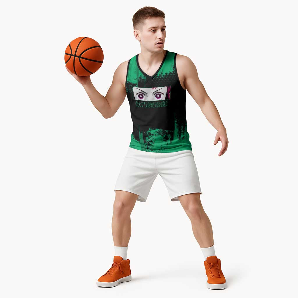 Tanjiro Kamado Demon Slayer Green Grunge Design Basketball Jersey with Determined Eyes and Classic Checkered Haori - The Mazicc