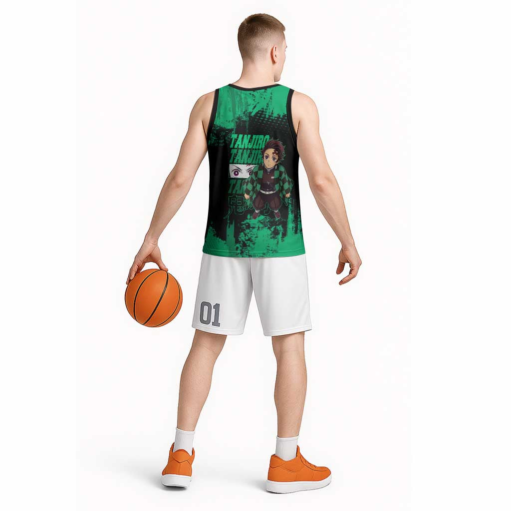 Tanjiro Kamado Demon Slayer Green Grunge Design Basketball Jersey with Determined Eyes and Classic Checkered Haori - The Mazicc