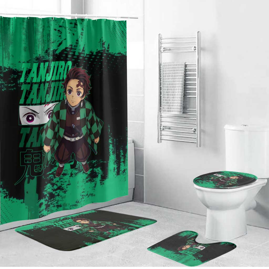 Tanjiro Kamado Demon Slayer Green Grunge Design Bathroom Set with Determined Eyes and Classic Checkered Haori - The Mazicc