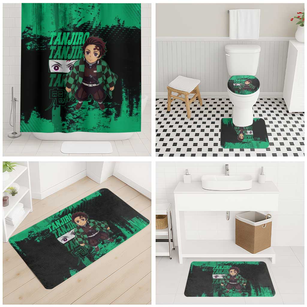Tanjiro Kamado Demon Slayer Green Grunge Design Bathroom Set with Determined Eyes and Classic Checkered Haori - The Mazicc