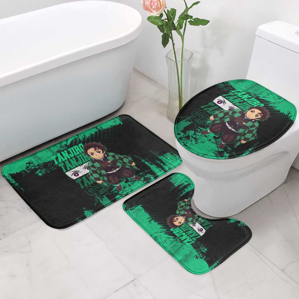 Tanjiro Kamado Demon Slayer Green Grunge Design Bathroom Set with Determined Eyes and Classic Checkered Haori - The Mazicc