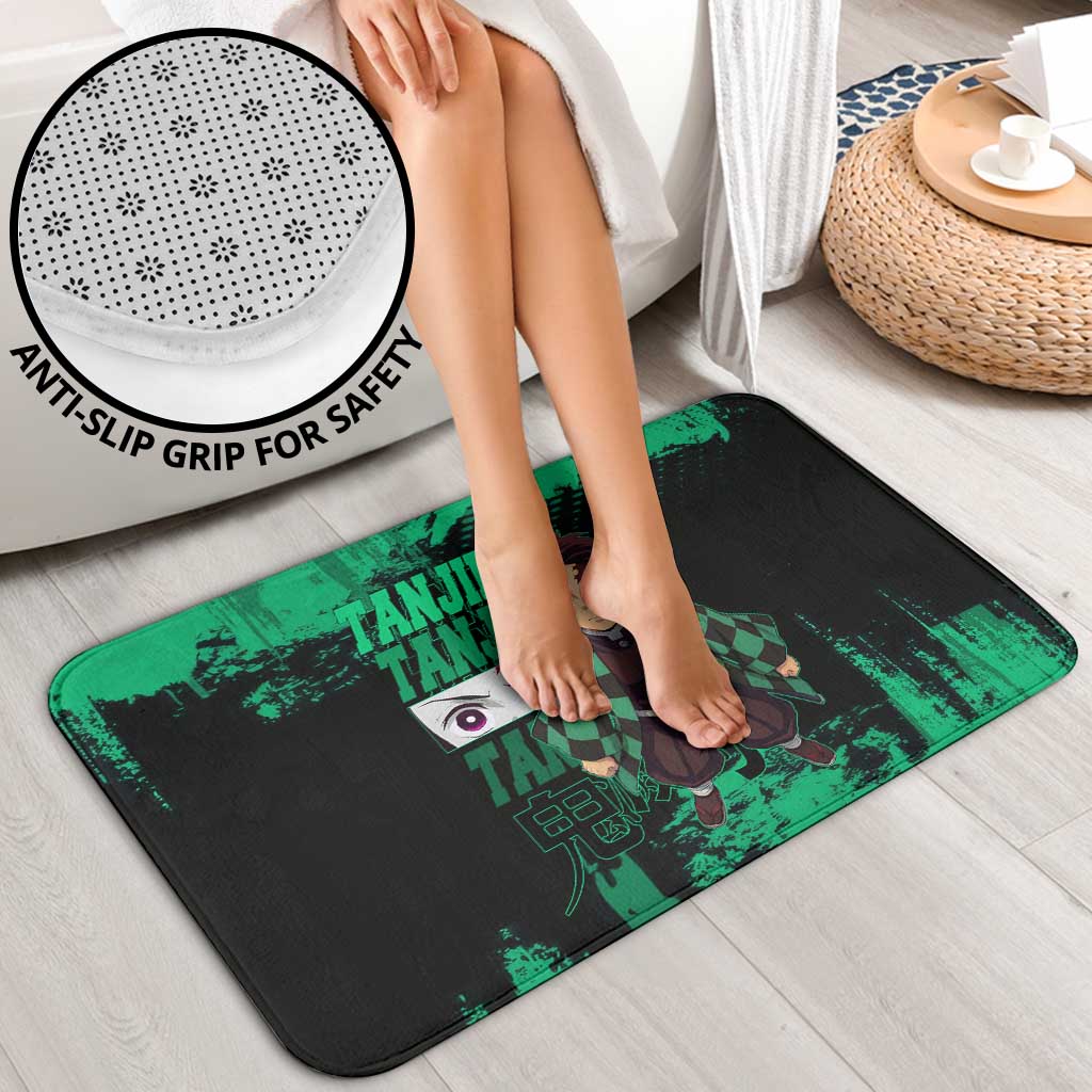 Tanjiro Kamado Demon Slayer Green Grunge Design Bathroom Set with Determined Eyes and Classic Checkered Haori - The Mazicc