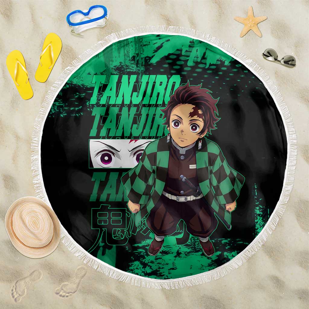 Tanjiro Kamado Demon Slayer Green Grunge Design Beach Blanket with Determined Eyes and Classic Checkered Haori - The Mazicc