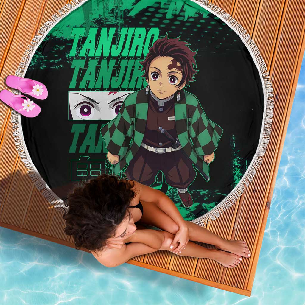 Tanjiro Kamado Demon Slayer Green Grunge Design Beach Blanket with Determined Eyes and Classic Checkered Haori - The Mazicc