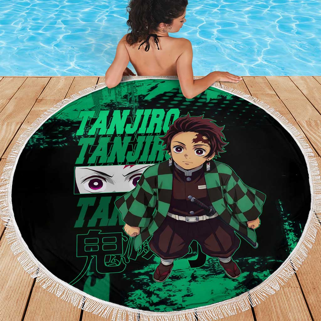 Tanjiro Kamado Demon Slayer Green Grunge Design Beach Blanket with Determined Eyes and Classic Checkered Haori - The Mazicc