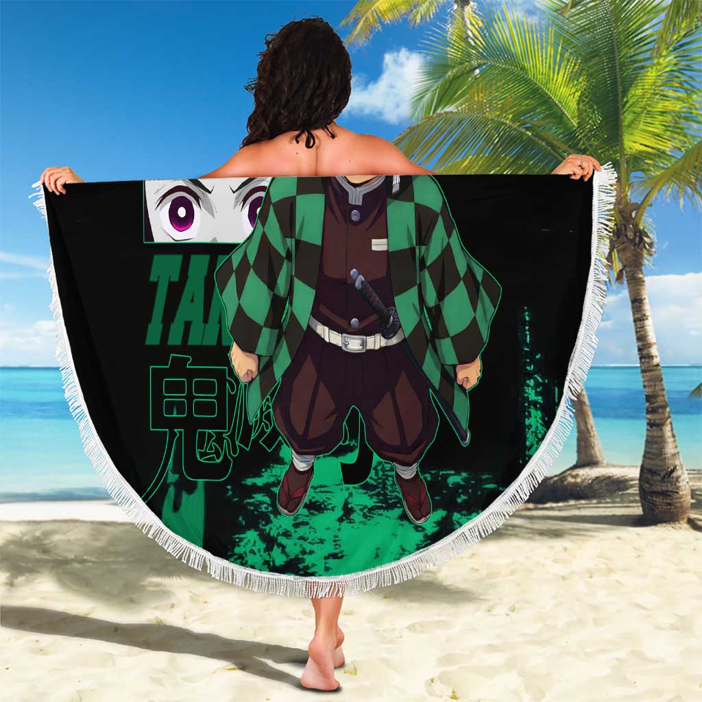 Tanjiro Kamado Demon Slayer Green Grunge Design Beach Blanket with Determined Eyes and Classic Checkered Haori - The Mazicc