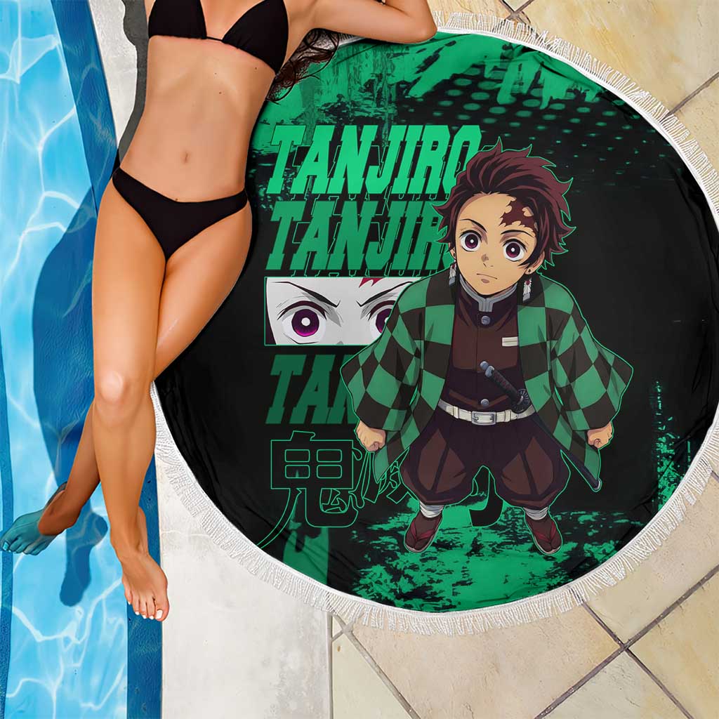 Tanjiro Kamado Demon Slayer Green Grunge Design Beach Blanket with Determined Eyes and Classic Checkered Haori - The Mazicc