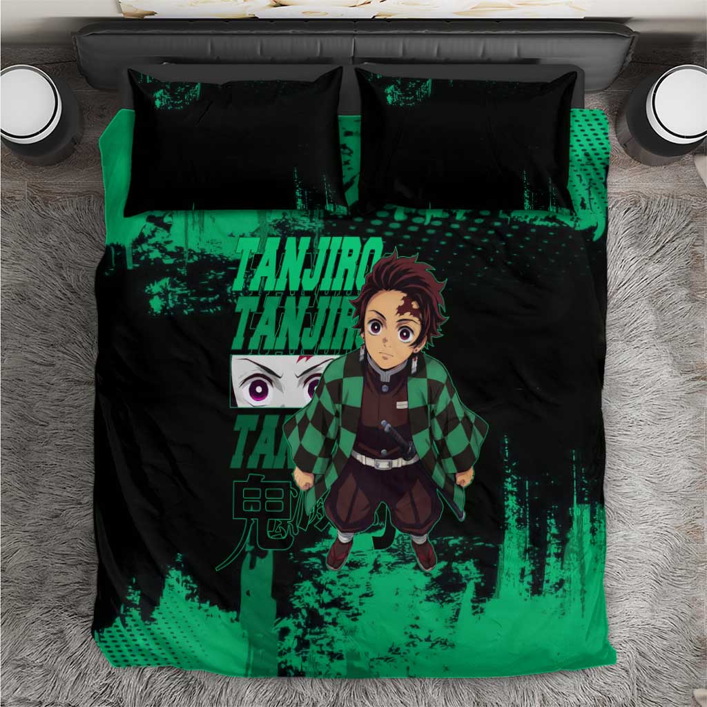Tanjiro Kamado Demon Slayer Green Grunge Design Bedding Set with Determined Eyes and Classic Checkered Haori - The Mazicc