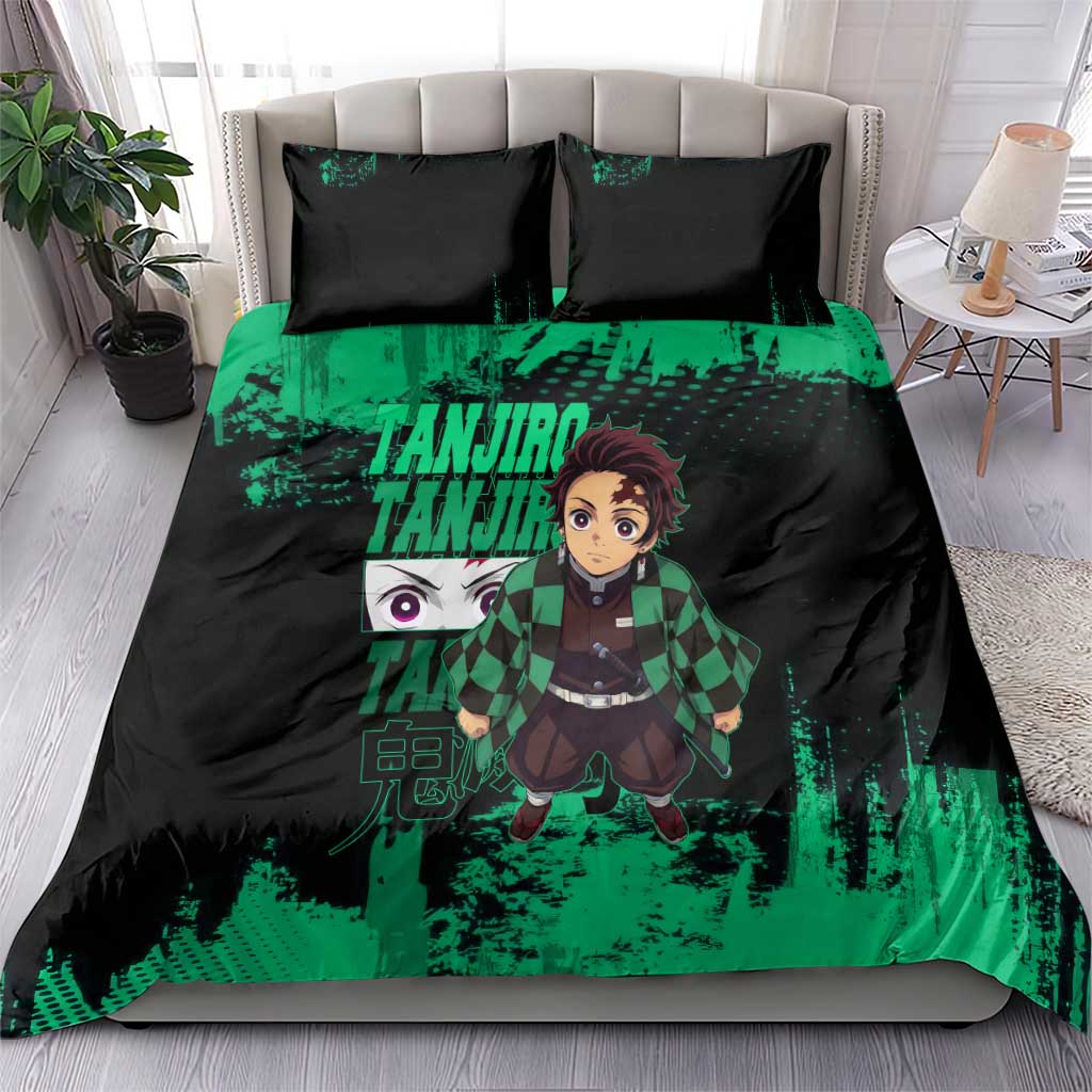 Tanjiro Kamado Demon Slayer Green Grunge Design Bedding Set with Determined Eyes and Classic Checkered Haori - The Mazicc
