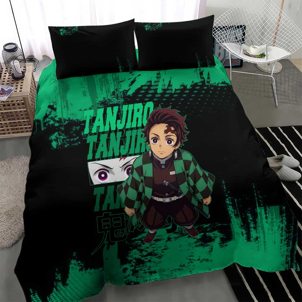 Tanjiro Kamado Demon Slayer Green Grunge Design Bedding Set with Determined Eyes and Classic Checkered Haori - The Mazicc