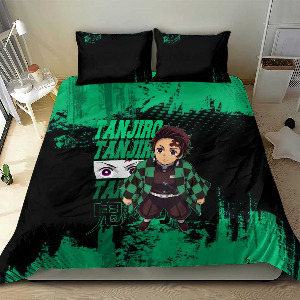 Tanjiro Kamado Demon Slayer Green Grunge Design Bedding Set with Determined Eyes and Classic Checkered Haori - The Mazicc