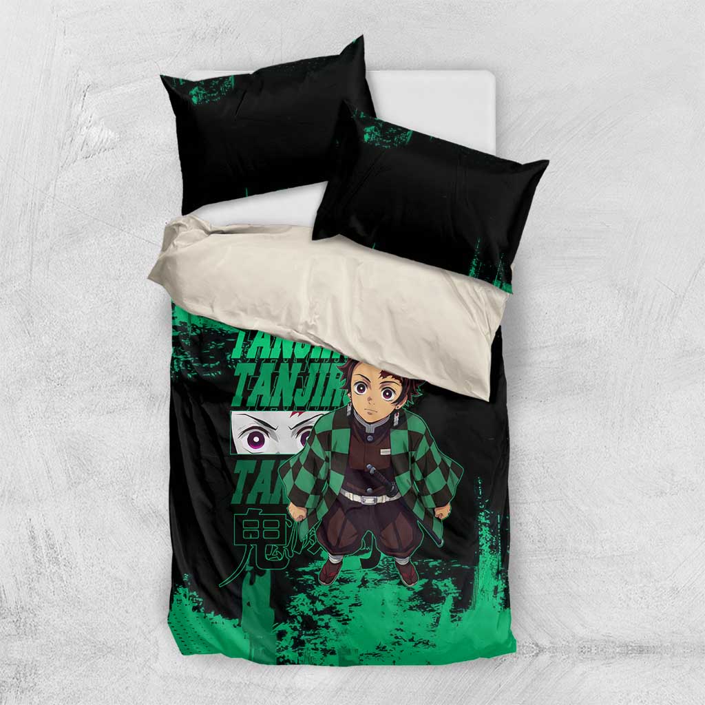 Tanjiro Kamado Demon Slayer Green Grunge Design Bedding Set with Determined Eyes and Classic Checkered Haori - The Mazicc