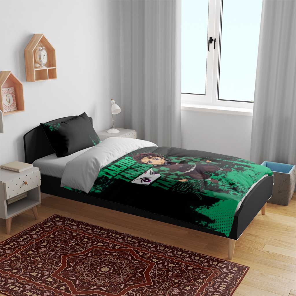 Tanjiro Kamado Demon Slayer Green Grunge Design Bedding Set with Determined Eyes and Classic Checkered Haori - The Mazicc