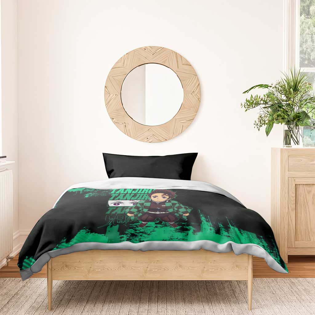 Tanjiro Kamado Demon Slayer Green Grunge Design Bedding Set with Determined Eyes and Classic Checkered Haori - The Mazicc