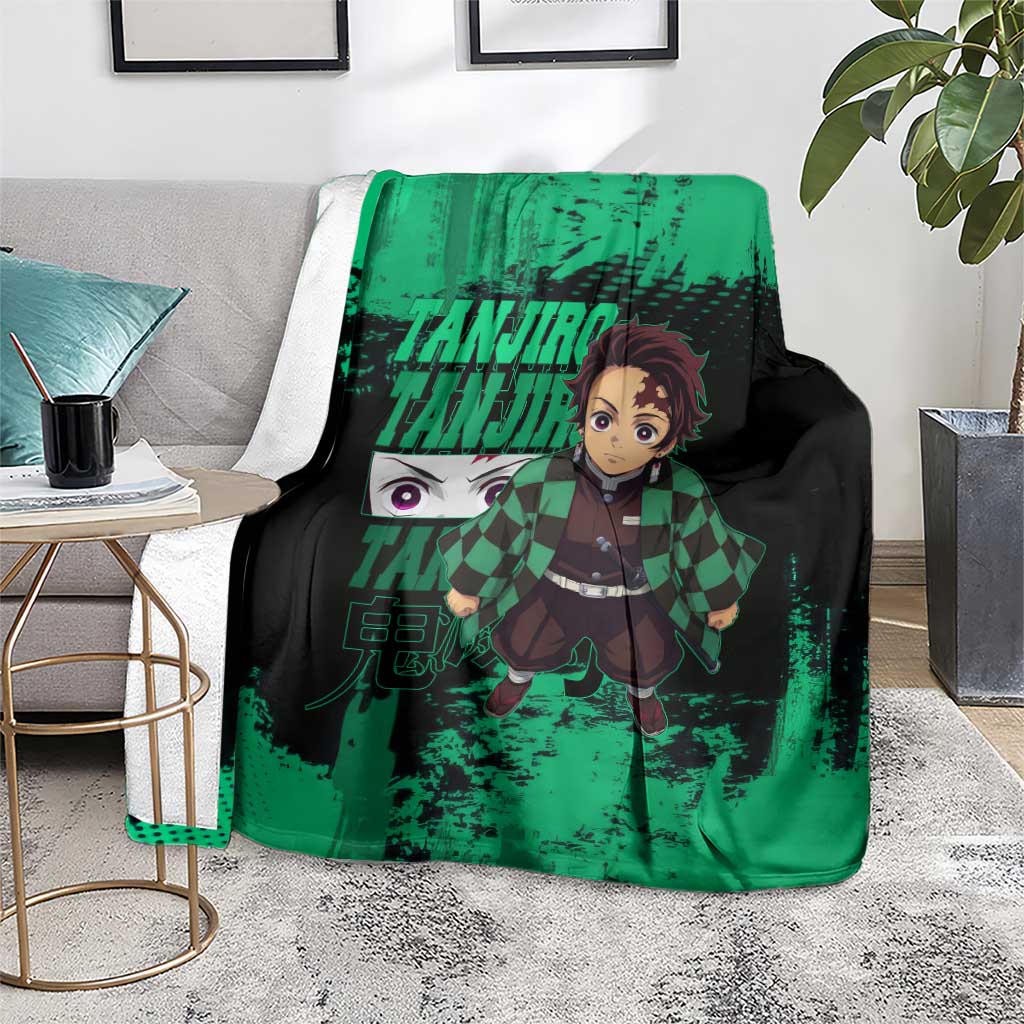 Tanjiro Kamado Demon Slayer Green Grunge Design Blanket with Determined Eyes and Classic Checkered Haori - The Mazicc