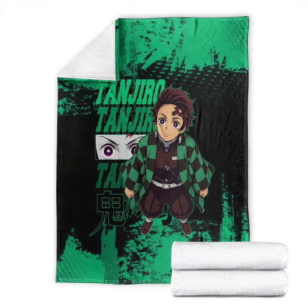 Tanjiro Kamado Demon Slayer Green Grunge Design Blanket with Determined Eyes and Classic Checkered Haori - The Mazicc