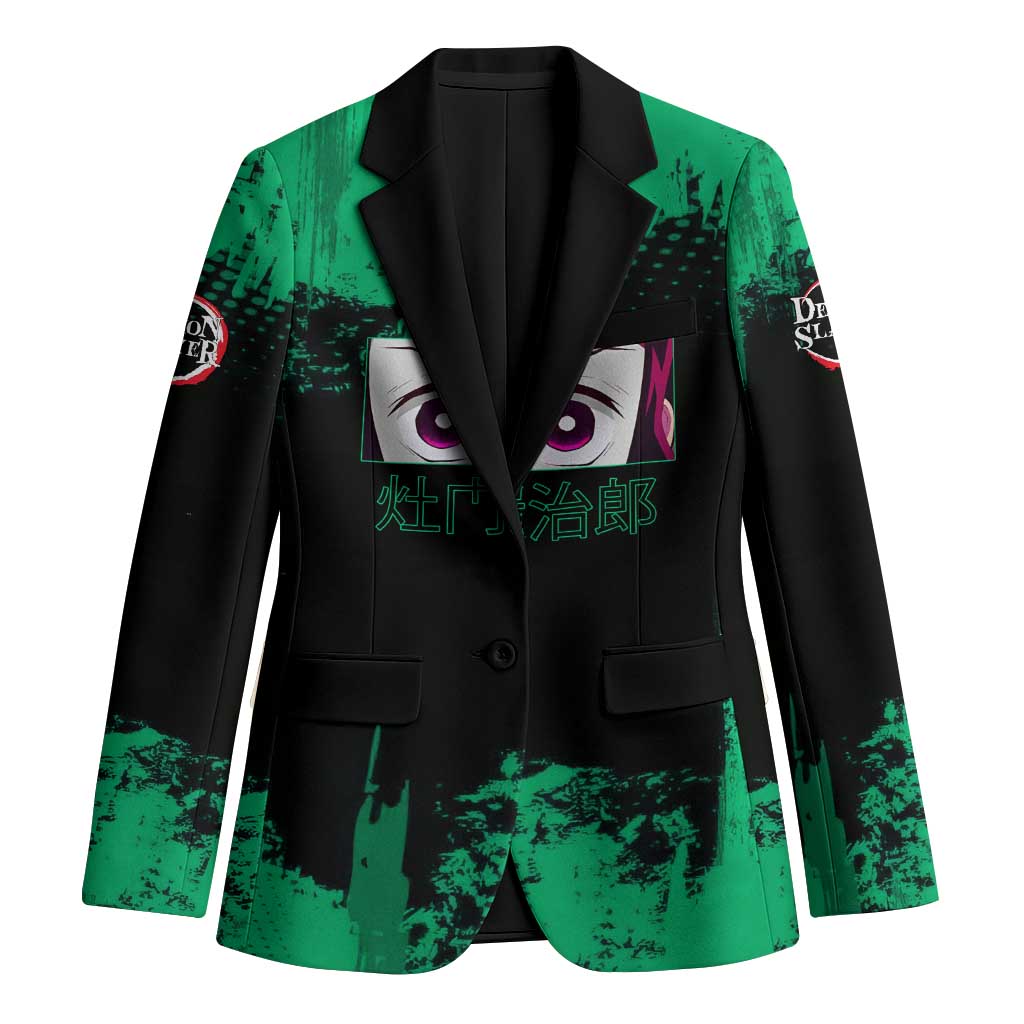 Tanjiro Kamado Demon Slayer Green Grunge Design Blazer with Determined Eyes and Classic Checkered Haori - The Mazicc